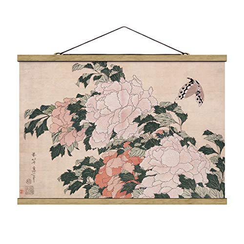 Bilderwelten Kakemono Katsushika Hokusai Rosa Pfingstrosen Schmetterling 2:3 23.5x35cm Eiche von Bilderwelten