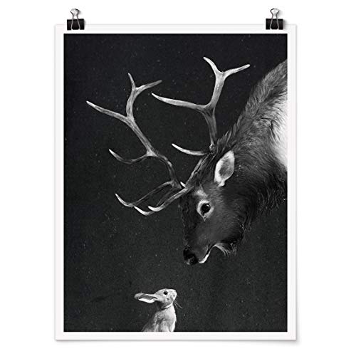 Bilderwelten Poster - Illustration Hirsch und Hase Schwarz Weiß Malerei, Matt 100 x 75cm von Bilderwelten