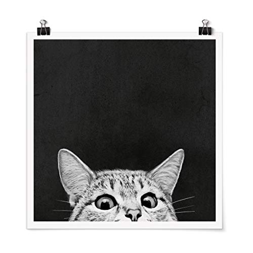 Bilderwelten Poster Illustration Katze Schwarz Weiß Zeichnung Quadrat, Matt 70 x 70cm von Bilderwelten