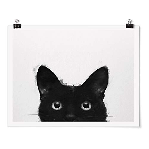 Bilderwelten Poster Illustration Schwarze Katze auf Weiß Malerei Querformat, Matt 45 x 60cm von Bilderwelten