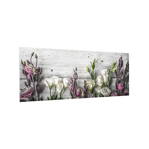 Bilderwelten Spritzschutz Glas - Tulpen-Rose Shabby Holzoptik - Panorama Quer, 40cm x 100cm von Bilderwelten