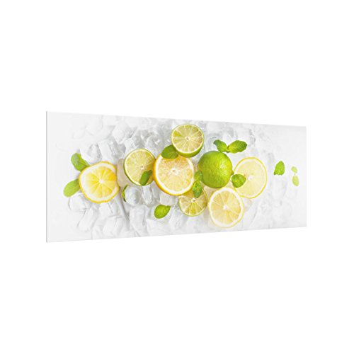 Spritzschutz Glas - Zitrusfrüchte auf Eiswürfel - Panorama Quer, 40cm x 100cm von Bilderwelten