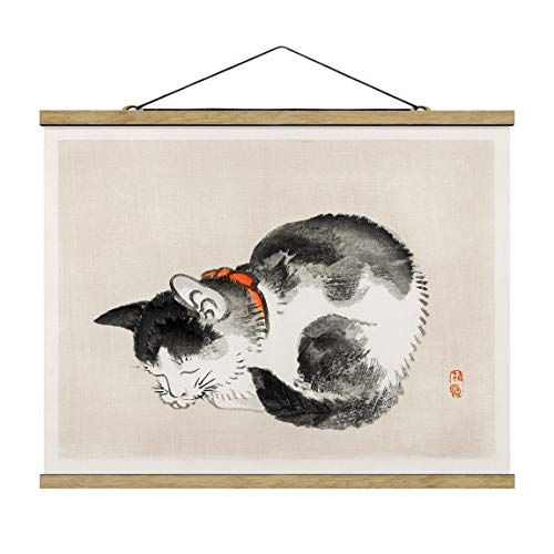 Bilderwelten Stoffbild Poster Asiatische Vintage Zeichnung Schlafende Katze 37.5x50cm Eiche von Bilderwelten