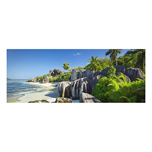 Bilderwelten Top Maritim Glasbilder Wandbild Kunstdruck 50 x 125 cm, Traumstrand Seychellen von Bilderwelten