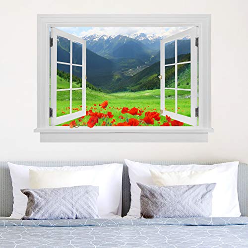 Bilderwelten Wandtattoo Alpen und Berge, Größe:30x40cm Offenes Fenster Alpenwiese und Mohn von Bilderwelten