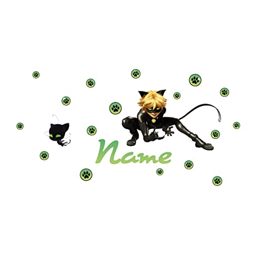 Bilderwelten Wandtattoo Kinderzimmer Miraculous Cat Noir Wunschname - Wandsticker Wanddeko Wandaufkleber Kinder 45cm x 75cm von Bilderwelten