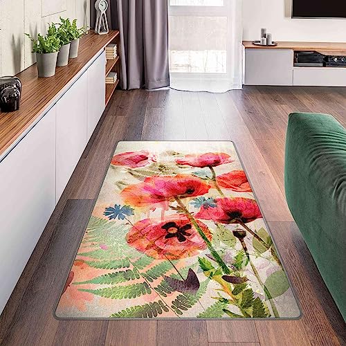 Bilderwelten Waschbarer Teppich Vintage rutschfest Aquarell Blumen Mohn Läufer Wohnzimmer Schlafzimmer 260x130 cm von Bilderwelten