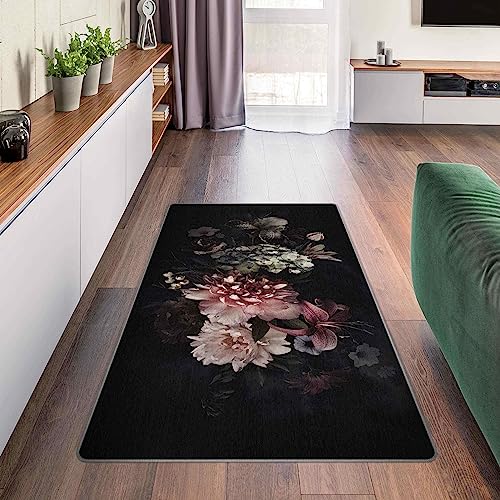 Bilderwelten Waschbarer Teppich Vintage rutschfest Blumen mit Nebel Schwarz Läufer Wohnzimmer Schlafzimmer 100x50 cm von Bilderwelten