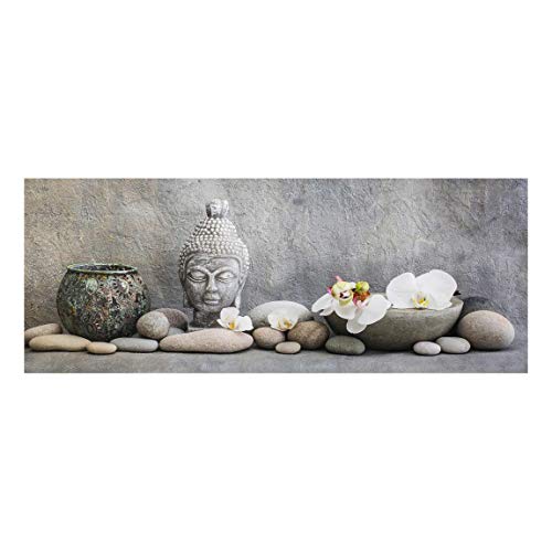 Glasbild - Zen Buddha mit weißen Orchideen - Panorama 30 x 80cm von Bilderwelten