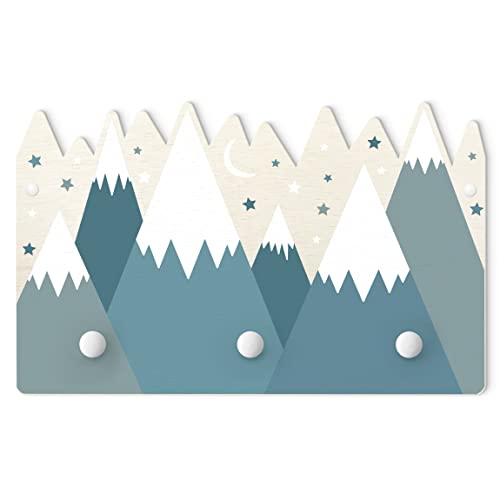 Kindergarderobe Holz - Schneebedeckte Berge Sterne und Mond, Größe HxB: 25x40 cm von Bilderwelten