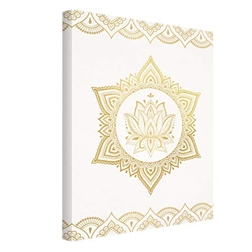 Leinwand Bild Echtholz - Mandala Lotus Ornament weiß Gold - 100 x 75cm - Canvas von Bilderwelten