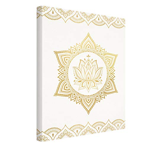 Leinwand Bild Echtholz - Mandala Lotus Ornament weiß Gold - 80 x 60cm - Canvas von Bilderwelten