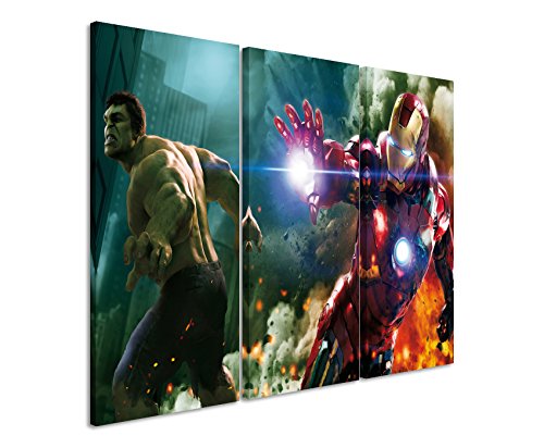 Leinwandbild 3 teilig The_Avengers_Hulk_and_Ironman_3x90x40cm (Gesamt 120x90cm) _Ausführung schöner Kunstdruck auf echter Leinwand als Wandbild auf Keilrahmen von Bilderwelten