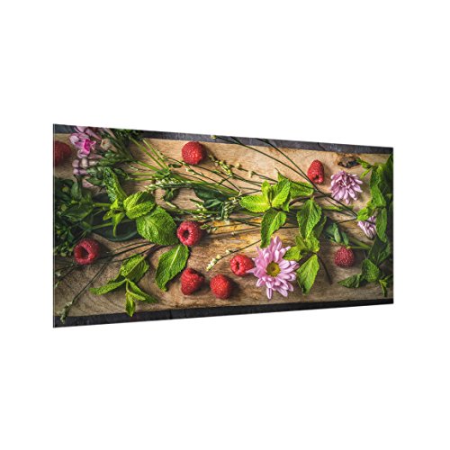 Spritzschutz Glas - Blumen Himbeeren Minze - Quer 1:2, HxB: 59cm x 120cm von Bilderwelten