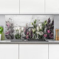 Spritzschutz Glas - Tulpen-Rose Shabby Holzoptik - Quer 1:2 Größe HxB: 40cm x 80cm von MICASIA
