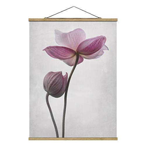 Stoffbild mit Posterleisten - Anemonen in rosa - Hochformat 4:3 46.5x35cm Eiche von Bilderwelten