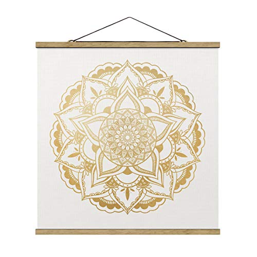 Stoffbild mit Posterleisten - Mandala Blume Gold weiß Quadrat 80 x 80cm Eiche von Bilderwelten