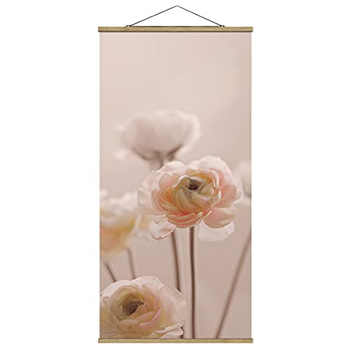 Stoffbild mit Posterleisten - Zarter Strauch an Rosa Blüten - 100cm x 50cm, Material: Eiche von Bilderwelten