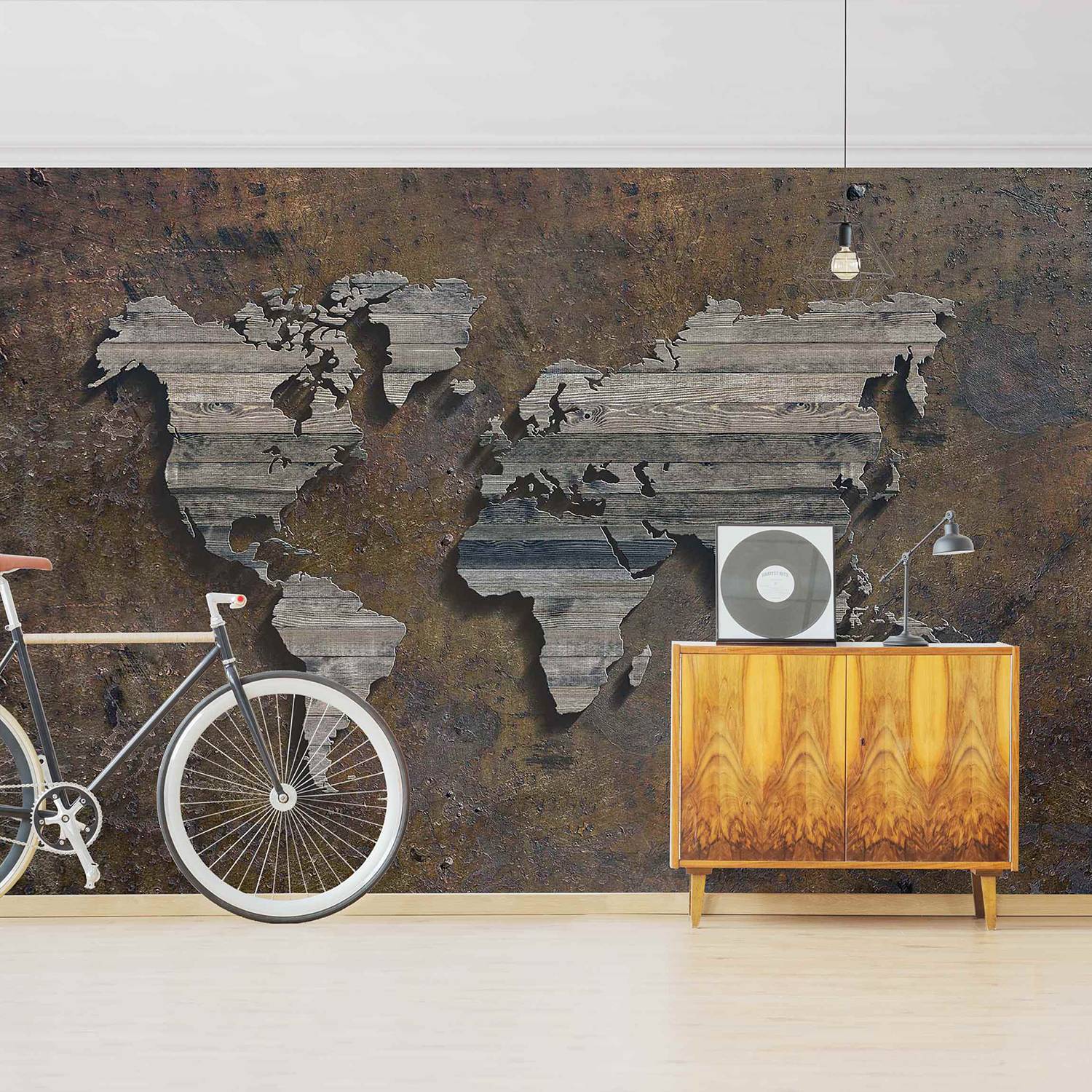 Vliestapete Holz Rost Weltkarte von Bilderwelten