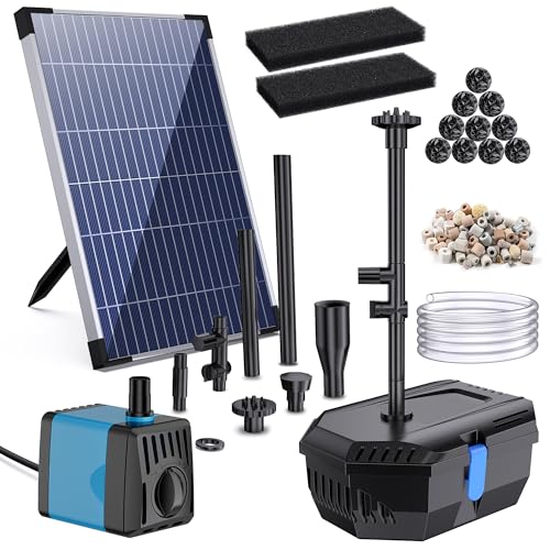 Biling 12W Solar Teichfilter mit Pump, 605 l/h Teichfilter Solarpumpe mit Schlauch 4 Düsen 5m Kabel DIY Wasserspiel, Solar Springbrunnen für Außen Teiche Fischtank, Wasserfall, Saubere Teichlösung von Biling