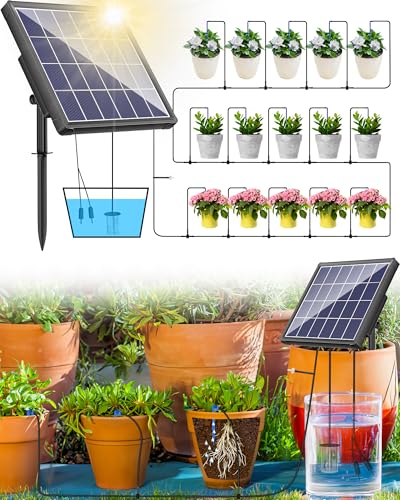 Biling Solar Bewässerungssystem Balkon 15M Bewässerungssystem Solar Tröpfchenbewässerung Automatische Solar Bewässerung 2.5W Solarbewässerungssyteme für Garten Pflanzen Hochbeet Gewächshaus Urlaub von Biling