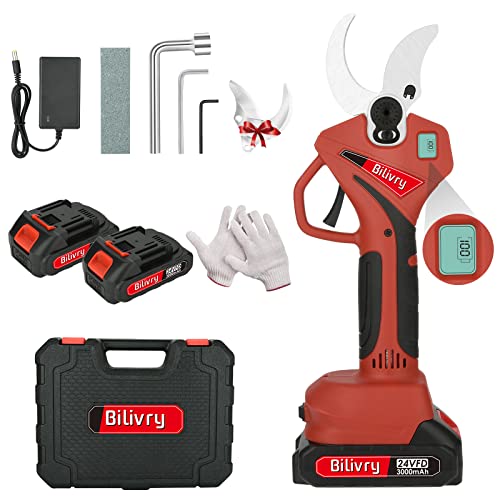 Akku Astschere 40mm Schnittdurchmesser: Akku Obstbaumschere mit LCD Anzeige, 2PCS 24V 3000mAh Akkus & Ersatzklingen Set, für Äste, Blumenbeete, Gärten(Rot) von Bilivry