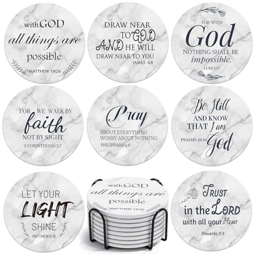 Billbotk Keramik-Untersetzer mit Bibelversen, Untersetzer, 8er-Set mit Halter, saugfähige Getränkeuntersetzer für Heimdekoration und christliche Geschenke, 10,2 cm von Billbotk