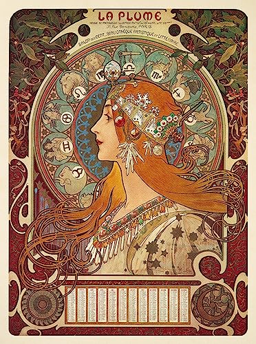 La Plume Feder Mucha Kalender Sternzeichen Jugendstil Plakat Plakate A1 364 von Biller Antik