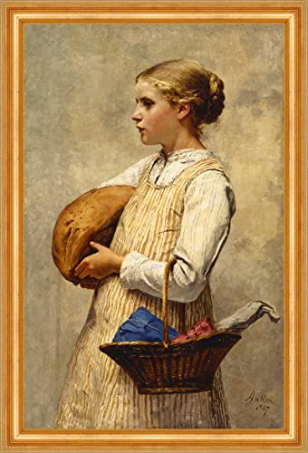 Mädchen mit Brot Albert Anker 1887 Schweizer Maler Korb Laib H A3 0607 Gerahmt von Biller Antik