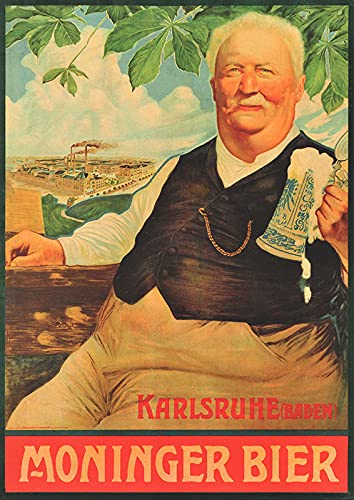 Moninger Bier Karlsruhe Bier Getränk Mann mit Bierkrug Kunstdruck Reklame A3 53 von Biller Antik