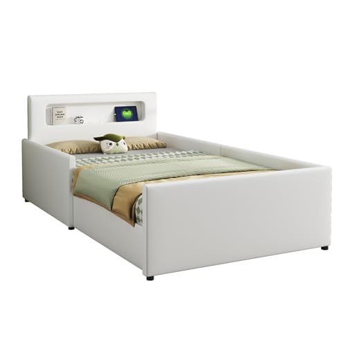 Billg Kinderbett 90x200 cm, Polsterbett mit Rausfallschutz und Schubladen, Lattenrost Einzelbett für Mädchen Jungen, Eingebaut Nachtlicht und USB-Ladeanschluss von Billg