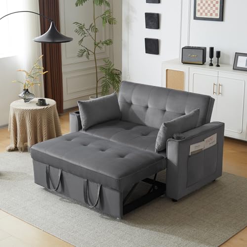 Billg Schlafsofa 3-in-1, Ausziehbar Schlafsessel, Klappbares Couch mit Bettkasten und Schlaffunktion, Sofa 2 Sitzer mit Getränkehalter, Seitentaschen und 2 Kissen, Verstellbarer Rückenlehne, Samt von Billg