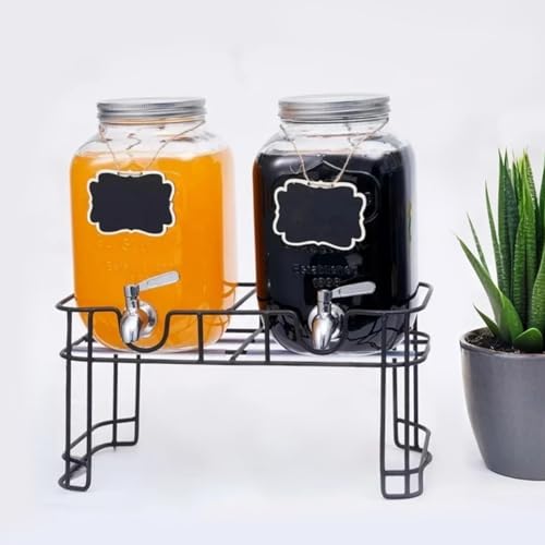 2 x 4L Getränkespender mit Zapfhahn Metallständer, Glas Wasser Saft Spender Wasserkrug mit 2 Holzetiketten Saftspender für Partys,Hochzeiten,Geburtstage von Billowvolve