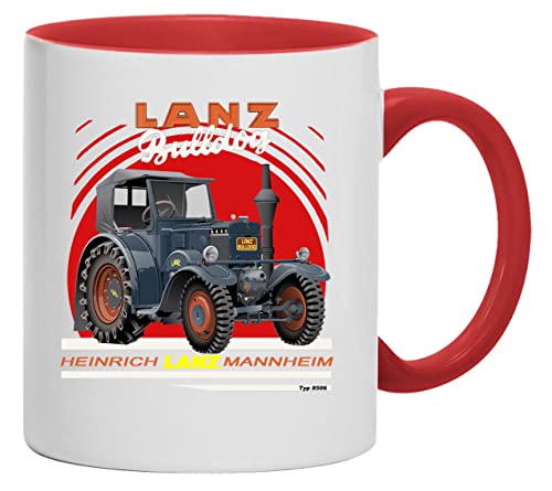 Lanz Bulldog Abbildung Typ 8506 Tasse Kaffeebecher Keramik, 330 ml Inhalt | Weiß/Rot von Bimaxx