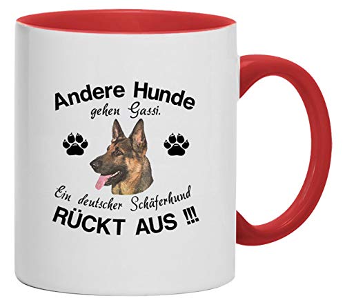Tasse Kaffeebecher Andere Hunde gehen Gassi, ein Deutscher Schäferhund rückt aus | Keramik, 280 ml, weiß/rot von Bimaxx