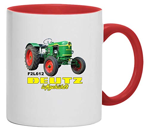 Deutz Luftgekühlt Abbildung Typ D F2L612 Tasse Kaffeebecher Keramik, 330 ml Inhalt | Weiß/Rot von Bimaxx