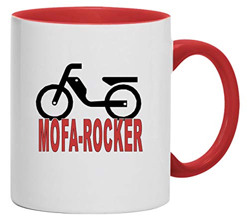 Mofa-Rocker Tasse Kaffeebecher Keramik, 330 ml Inhalt | Weiß/Rot von Bimaxx