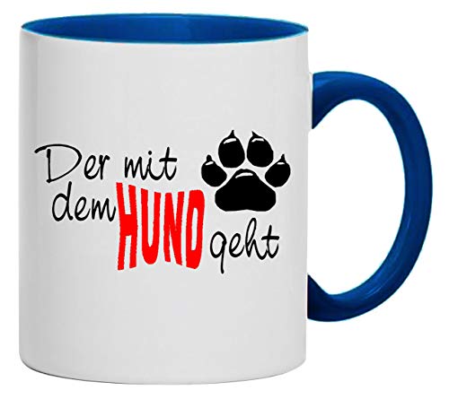 Der mit dem Hund geht Tasse Kaffeebecher Keramik, 330 ml Inhalt | Weiß/Blau von Bimaxx