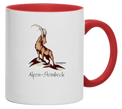 Kaffee-Tasse Alpen-Steinbock Bergwelt Haferl Pott Geschenk Kaffeebecher Keramik | 330 ml Inhalt | Weiß/Rot von Bimaxx