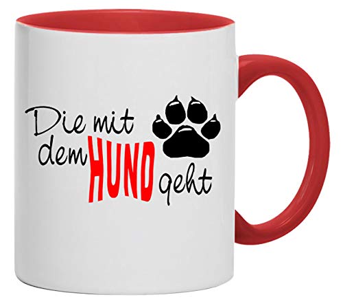 Die mit dem Hund geht Tasse Kaffeebecher Keramik, 330 ml Inhalt | Weiß/Rot von Bimaxx