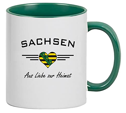 Kaffeepott Sachsen Herz mit Wappen - Aus Liebe zur Heimat Tasse Kaffeebecher Keramik, 330 ml Inhalt | Weiß/Grün von Bimaxx