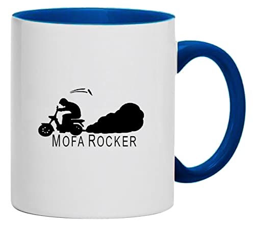 Mofa-Rocker Tasse Kaffeebecher Keramik, 330 ml Inhalt | Weiß/Blau von Bimaxx