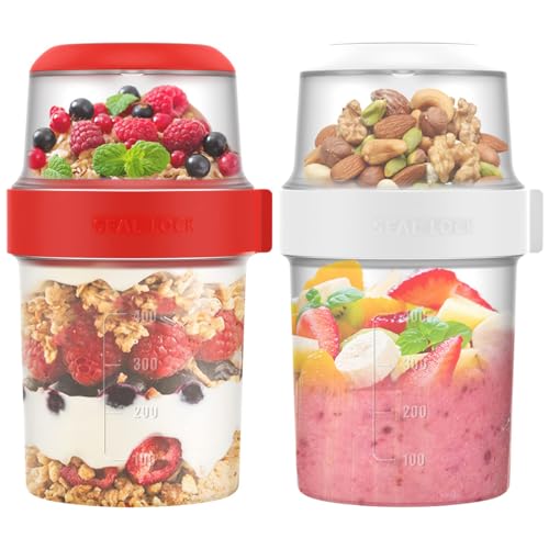 Bimhayuu Frühstücksbecher für unterwegs, 822 ml, Haferbehälter, doppellagig, für Übernachtung, auslaufsicher, Müsli und Milch to Go Behälter, Haferflocken-Behälter für Erwachsene und Kinder (Rot + von Bimhayuu