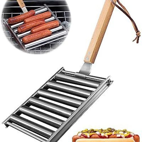 Langer Hot Dog-Roller für Grill, gleichmäßiges Kochen von Wurstwalze, Edelstahl, Maisgrill mit abnehmbarem Holzgriff für Outdoor-Kochen und Grillzubehör (1 Stück) von Bimhayuu