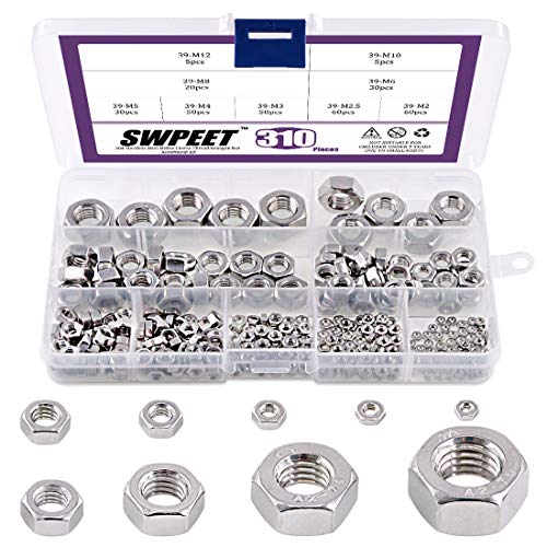 Swpeet 310 Stück metrisches 304 Edelstahl 9 Größen Sechskantmuttern Sortiment Kit Grobgewinde Sechskantmutter 9 Größen – M2 M2.5 M3 M4 M5 M6 M8 M10 M12 von Swpeet