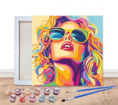 Bimkole Malen Nach Zahlen Erwachsene Gerahmt Frau Mit Lockigem Haar, Ölgemälde paint by numbers kits Sonnenbrille, Acrylfarbe Anfänger Zeichnen Malen mit Pinseln Mauer Dekor Kunst 20x20 cm von Bimkole