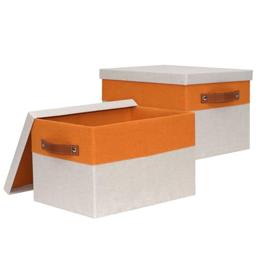 BinWhiz 2 Stück Aufbewahrungsbox mit Deckel, Faltbare Aufbewahrungsbox mit Ledergriff, Aufbewahrungsbox aus Stoff, Rechteckig, Aufbewahrungskorb mit Deckel für Schrank, 38x28x24 cm (Orange & Beige) BinWhiz 2 Stück Aufbewahrungsbox mit Deckel, Faltbare Aufbewahrungsbox mit Ledergriff, Aufbewahrungsbox aus Stoff, Rechteckig, Aufbewahrungskorb mit Deckel für Schrank, 38x28x24 cm (Orange & Beige) von BinWhiz