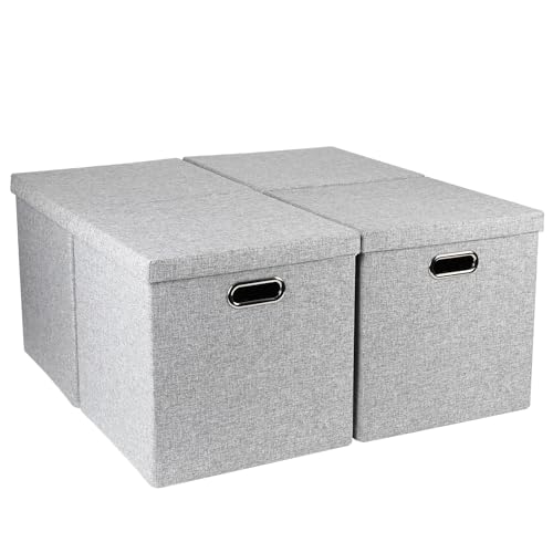 BinWhiz 4 Stück Aufbewahrungsbox mit Deckel, Faltbare Ordnungsboxen Stoff, Stoffbox mit Griffe, Schrank Organizer, Aufbewahrung für Kallax Regal Faltboxen, 33 x 33 x 33 cm (Grau) von BinWhiz