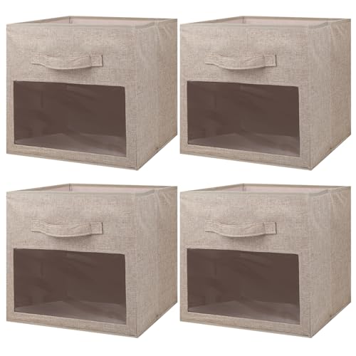 BinWhiz 4 Stück Faltbare Aufbewahrungskiste mit Transparentes Fenster, 33 x 33 x 33 cm, Faltbare Aufbewahrungswürfel aus Stoff mit Griffen, Kleiderschrank Organizer, Ordnungsbox für Bücher (Kaffee von BinWhiz