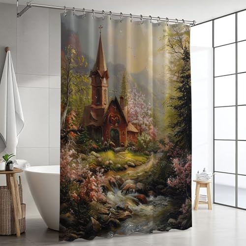 Duschvorhang Überlänge 200x240cm,Kirschblüten Duschvorhänge Waschbar, Landschaft Duschvorhang mit Gewicht Stoff Shower Curtains, mit 12 Plastik Duschvorhangringen für Badewanne und Bad Deko GJ-377 von Binaoung